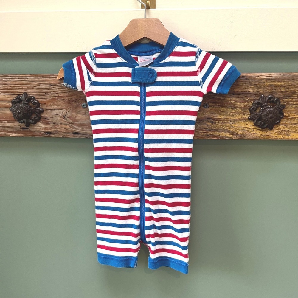 Hanna Andersson Red White Blue Striped Organic‎ Cotton Zip Romper 12-18 Months